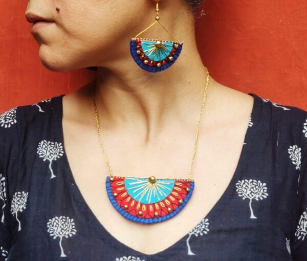 SVATANYA Surya Collection - Turquoise Blue & Red Gold Zari Necklace Earring set