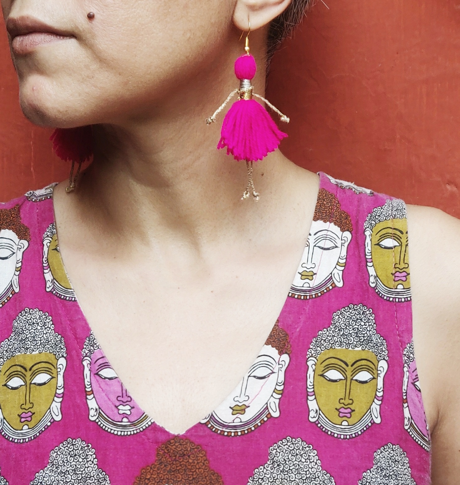 Buy Anekaant Sylvan Magenta and Gold Leaf Shaped Handcrafted Drop Earrings  online