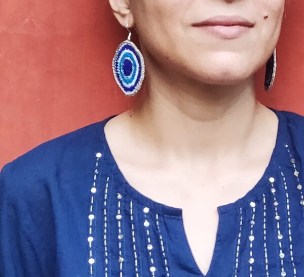 Evil Eye Hoop earrings in Turq Blue and Silver Front View Amaryn SVATANYA handcrafted by underprivileged women